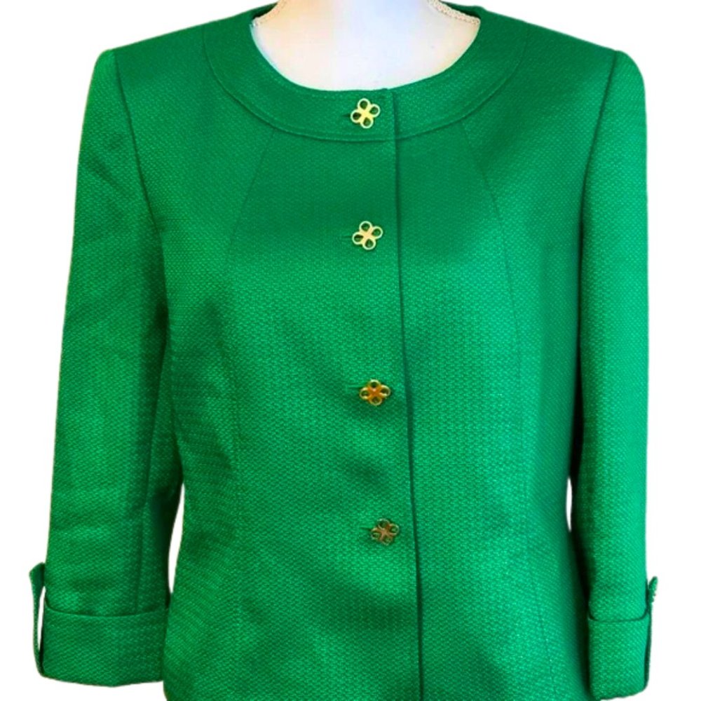 TAHARI Arthur S. Levine Shamrock Green Collarless Blazer w/ 3/4 Sleeves, Size 6